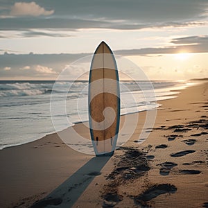 Isolated paradise Surfboard on an empty, serene, and wild beach