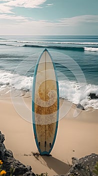 Isolated paradise Surfboard on an empty, serene, and wild beach