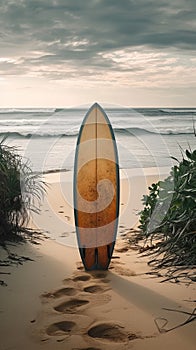 Isolated paradise Surfboard on an empty, serene, and wild beach
