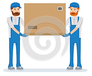 Isolated parcel movers delivering on white background. The warehouse workers.