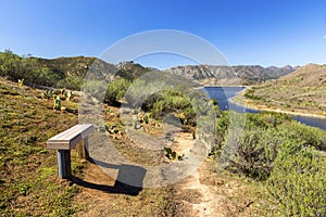 Isolated Park Bench Green Cactus Desert Lake Hodges Poway Landscape San Diego County North Inland photo