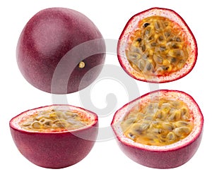 Isolated passion fruit. Whole fruit and halves on a white background