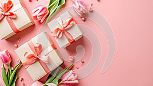 An isolated pastel pink background with copyspace features trendy gift boxes with ribbon bows and tulips on Mother's