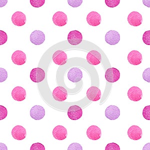 Isolated and pathed watercolor painted pink purple dot in seamless pattern on white background