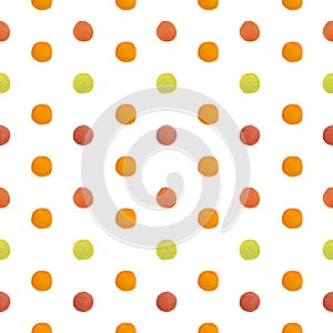 Isolated and pathed watercolor painted red yellow orange dot in seamless pattern on white background