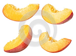 Isolated peaches. Collection of peach slices, pieces isolated on white background with clipping path.