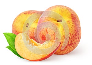 Isolated peaches. Two whole peach fruits and a slice with leaves isolated on white background, with clipping path.