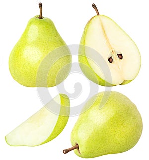 Isolated pears. Collection of whole and sliced pear fruits with leaves isolated on white with clipping path.