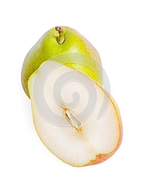 Isolated pears. One and a half green pear fruit isolated on white background