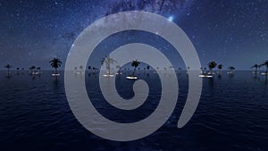 Isolated people sitting on mobile phone island against starry sky, stranded in a virtual world