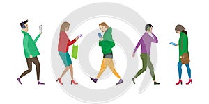 Isolated people walking side view. People use their phones differently while walking. Set of vector images of passersby