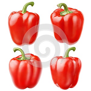 Isolated peppers. Collection of four whole red bell peppers isolated on white background