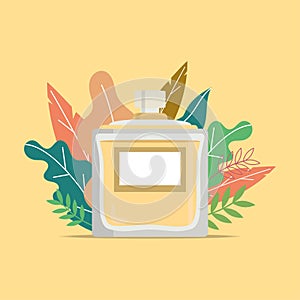 Isolated perfume bottle with natural leaves Vector