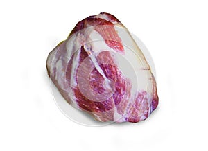 Isolated photo juicy, large, red with white veins of raw meat on a white background