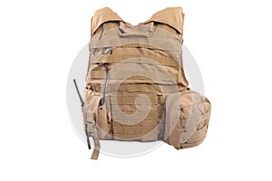 Isolated photo of a military armor olive colored tactical vest molle system with pouches, white background
