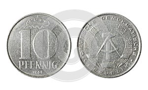 Isolated photo of 10 pfennig Germany 1968 coin on white background