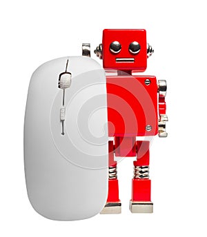 Isolated photo of red toy robot with computer mouse