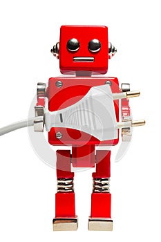 Isolated photo of red toy robot with euro electric plug