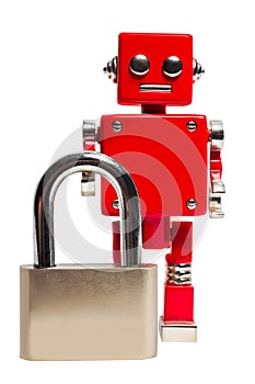 Isolated photo of red toy robot with metal lock