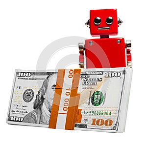 Isolated photo of red toy robot with money