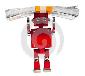 Isolated photo of red toy robot with money