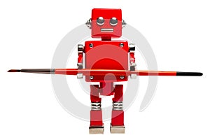 Isolated photo of red toy robot with paint brush