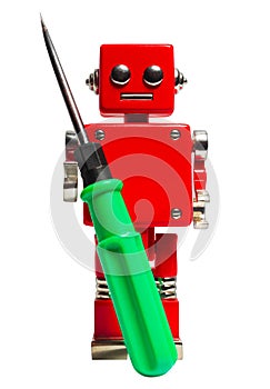 Isolated photo of red toy robot with screwdriver