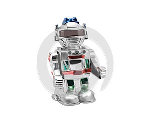 Isolated photo of silver colored toy robot.