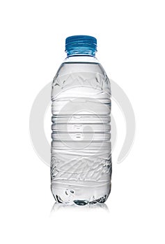 An isolated photo of a transparent bottle of mineral water.