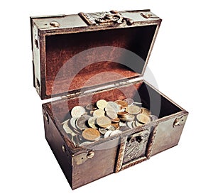 Isolated photo of treasure chest with coins