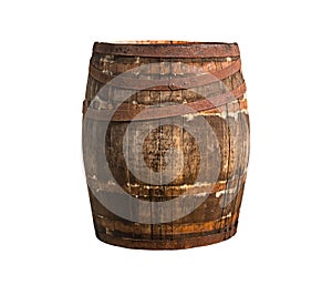 Isolated photo on white background of wooden barrel. old brown iron oak with rusty iron Hoop