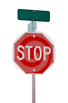 Isolated photograph of a stop sign and street sign.