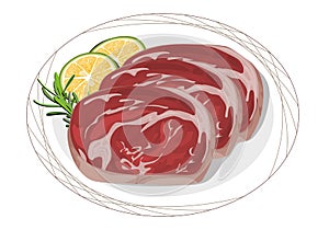 Isolated pice of pork prepared on white plate and decoration with lemon and rosemary