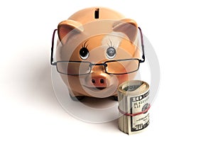 Isolated Piggy Bank With Glasses