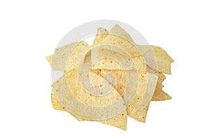 Isolated pile of nacho chips on white
