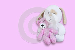 Isolated pink bear doll sitting on white dog doll/toy on pink ba