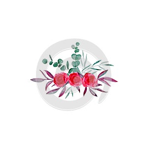 Isolated pink blossom on white background for holiday frame, invitation border. Vintage watercolor boutonniere of red roses and