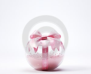 Isolated Pink Christmas Ball With Ribbon And Bow On White Gray Background. New Year