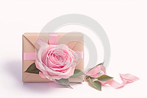 Isolated pink rose and gift box wrapped in kraft paper