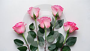 Isolated pink rose leaves create an elegant white backdrop
