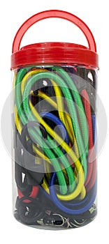 Isolated plastic container with red handle filled with colorful bungee cords