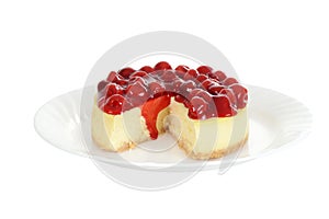 Isolated plate of cherry cheesecake