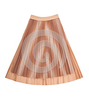 Isolated pleated skirt on white, caramel colour of bell skirt,  light brown fashionable female outfit, beige drape garment,