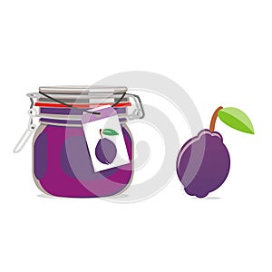 Isolated plum jam jar and fruit