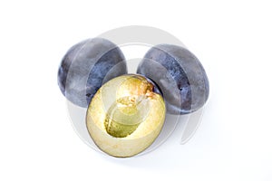 Isolated plums, blue plum fruit isolated on white background