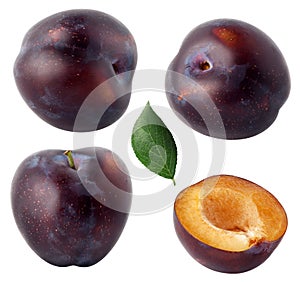 Isolated plums. Collection of whole and cut blue plum fruits isolated on white background, with clipping path