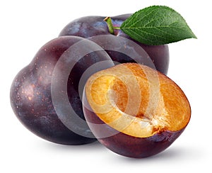 Isolated plums. Two whole and a half of blue plum fruit isolated on white background, with clipping path.