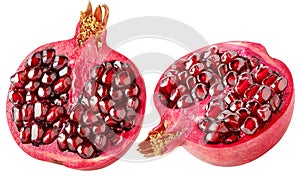 Isolated pomegranate. Cut red fleshed pomegranate fruit isolated on white background with clipping path.