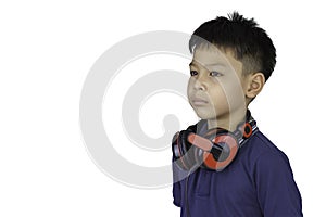 Isolated Portrait of Asian boy wearing headphones on a white background with clipping path