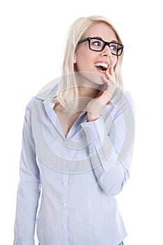 Isolated portrait of blonde surprised pretty student.